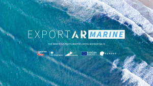 Ariel shot of the sea with ExportAR: Marine text and logos for DIT, Business West, Render