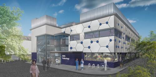 Artist impression of an external view of the Pathology Hub. Grey and blue building with hexagonal design.