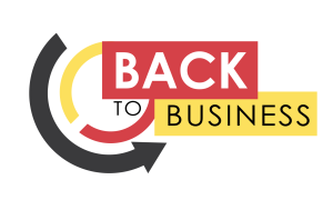 black, yellow and red circular identifier with text saying Back to Business